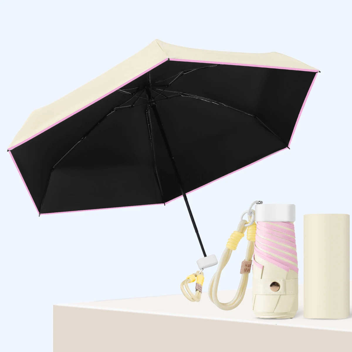 Ultra light color rope flat five fold umbrella compact and portable sun umbrella black rubber sun protection UV protection H260314