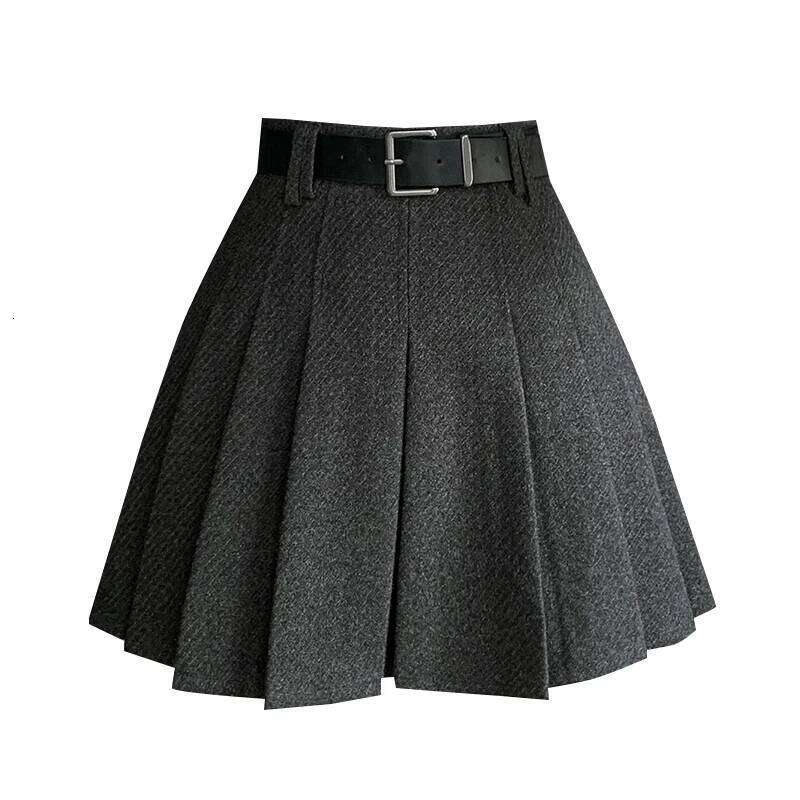 Vintage Winter Pleated Mini Women Streetwear High Waist Woolen Cute Skater Skirts With Shorts Belt Grey Black Skirt Woman Z260314