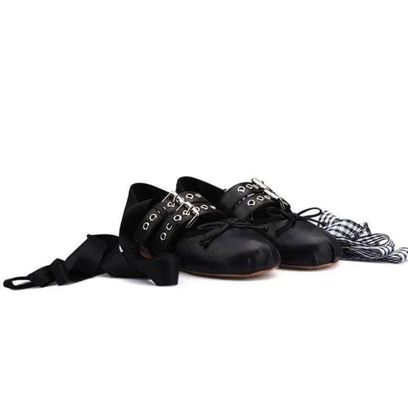 Designer Cross-tied Mary Jane Women Belt Buckle Dress Shoes Leisure Comfort Footwear Bowknot Soft Sole Ballet Flats Female