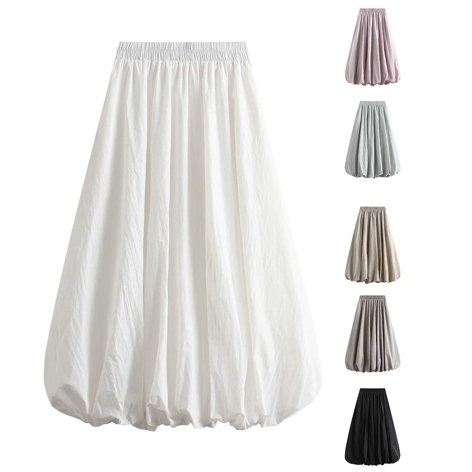 Combhasaki Womens Elegant Elastic High Waist Solid Color A-Line Pleated Pufll Hem Casual Flowy Balloon Bud Midi Skirts M260314