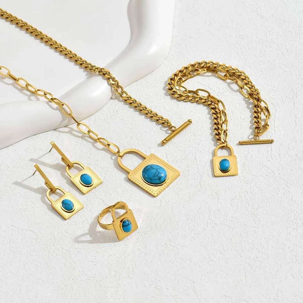 5pcs Elegant Vintage Jewelry Set for Women Fashion Lock Shape Necklace Inlaid Turquoise Choker Bridal Wedding Bracelet Party Z260313
