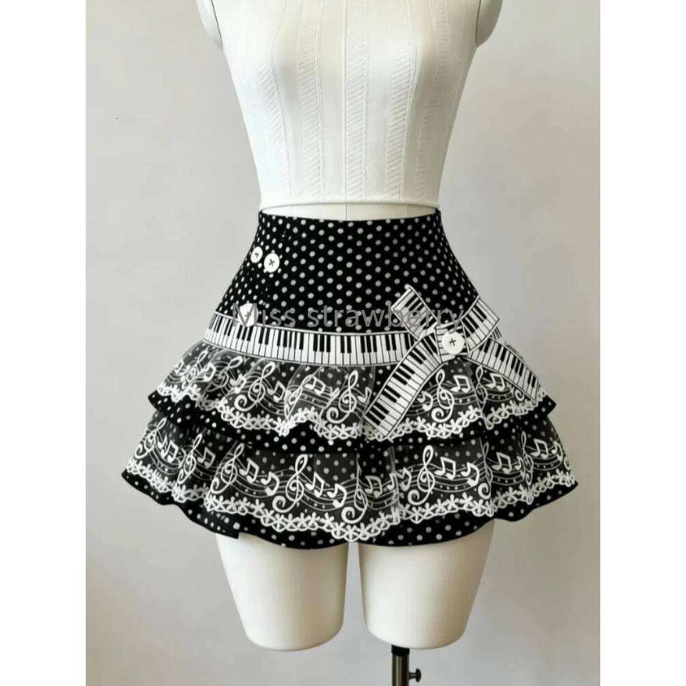 Gothic Aesthetic Hot Girl Slim Polka Dot Note Women Design Y2k Lace Bow A-line Cake Piano Skirts Vintage Embroidery Skirt Z260314