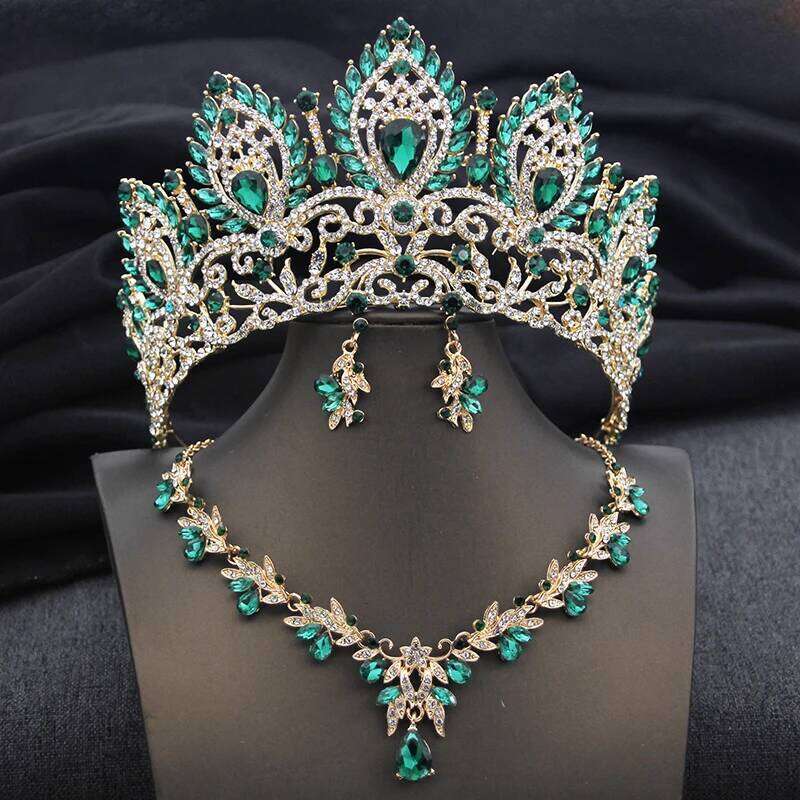 Luxury Green Crown Bridal Sets for Women Tiaras and Necklace Earrings Bride Jewelry Set Wedding Costume accessories Z260313