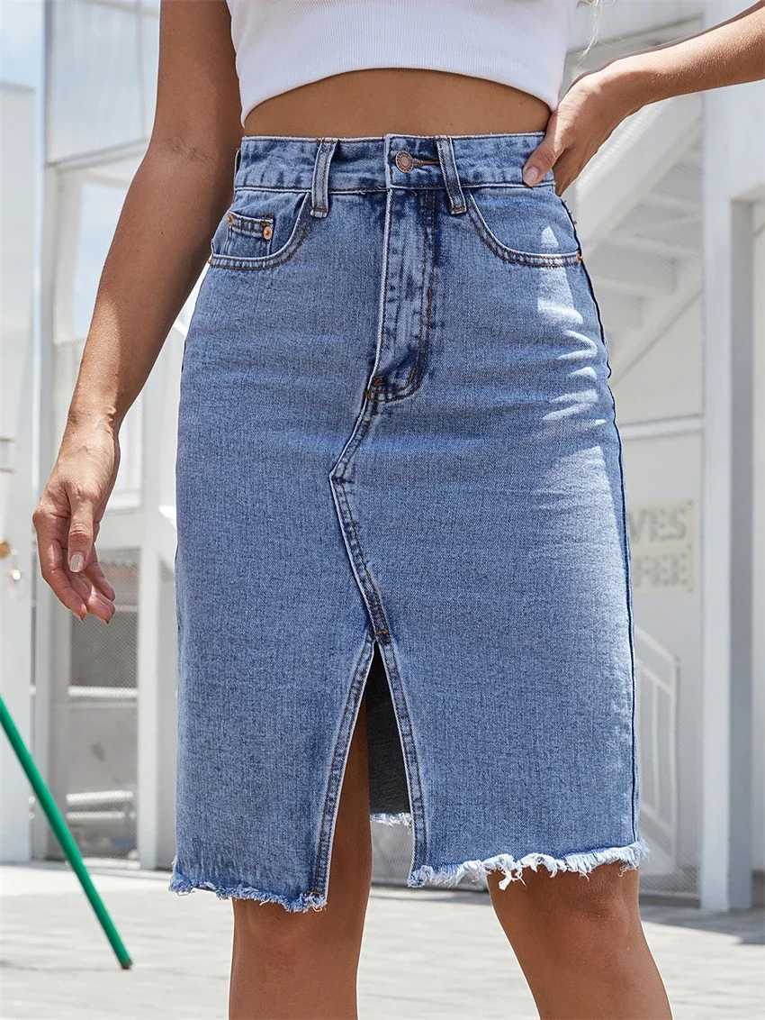 Womens Front Slit Blue Denim Skirt Pockets High Waist Slim Zipper Fly Midi Skirts 2023 Spring Female Casual Streetwear M260314