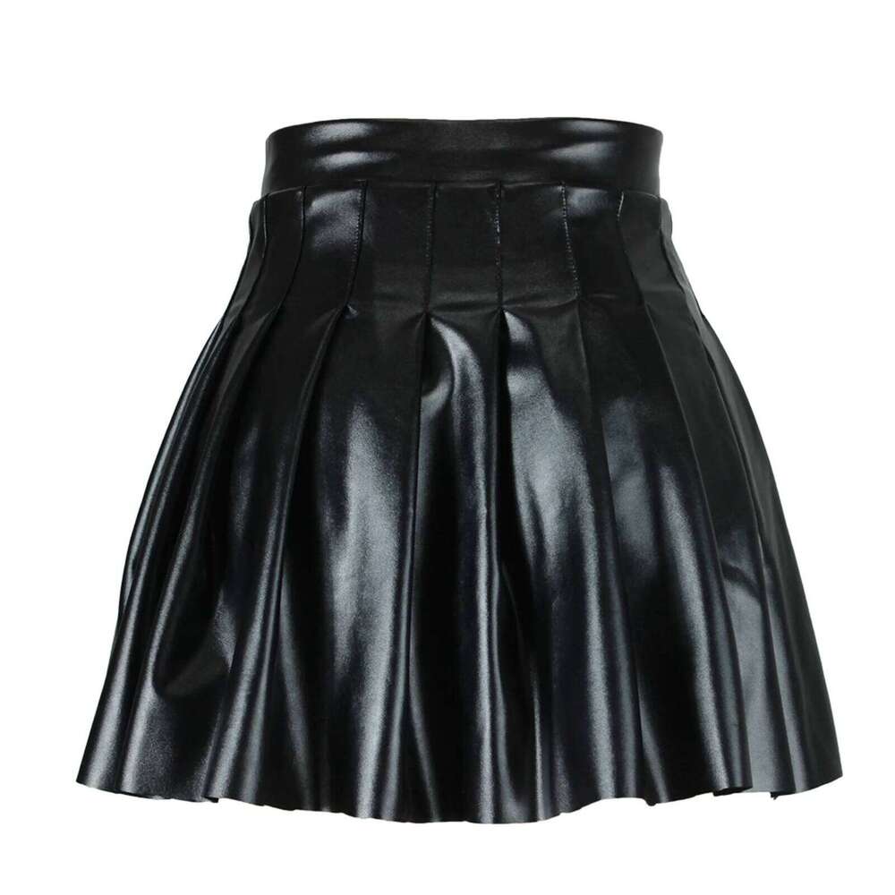 Women High Waist A-line Pleated Skirt y2k E Girls Punk Gothic Black Latex Side Invisible Zip Flared Mini Skirts Chic Club Wear Z260314