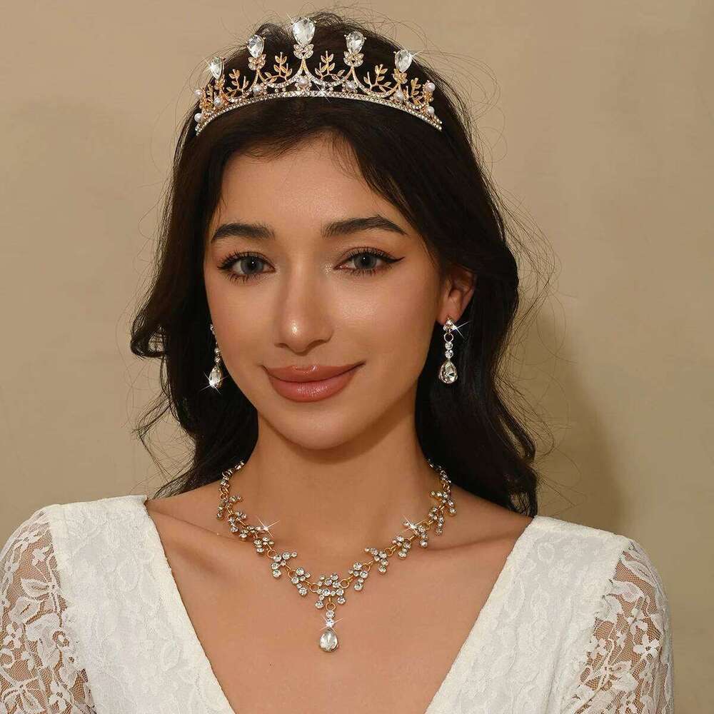 Ladies' Fashion Design Water Drop Geometric Necklace Earrings Crown Jewelry Set Wedding Party Festival Gift Z260313