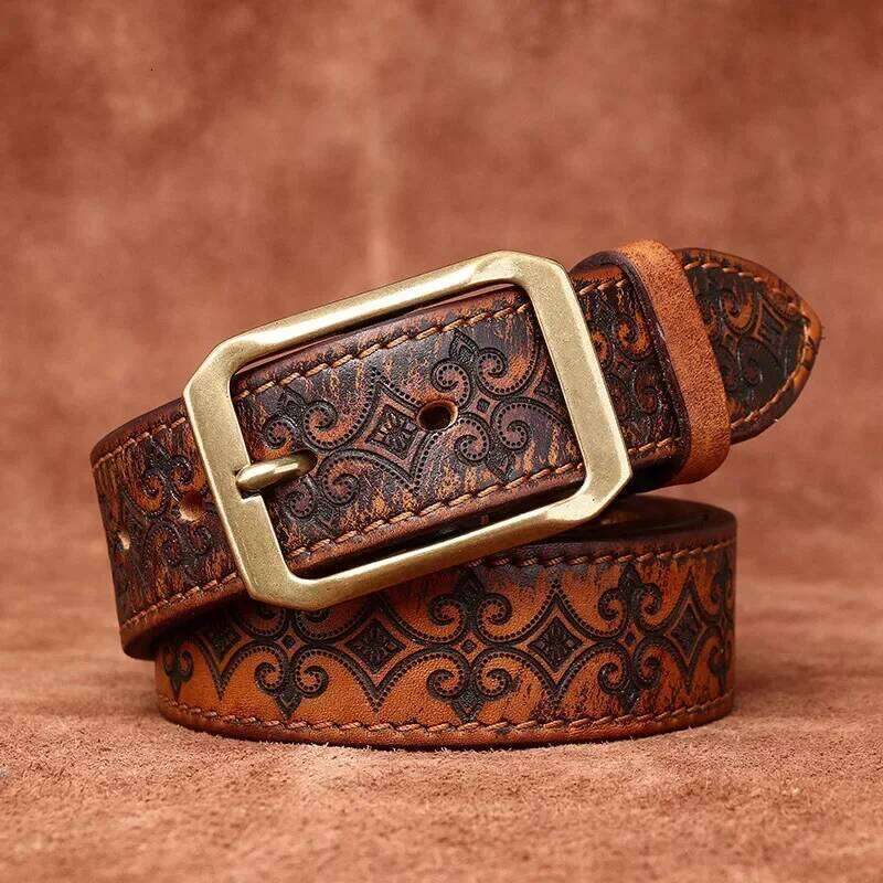 3.8CM Thickened Italian Pure Cowhide High Quality Genuine Leather Belts for Men Carving Strap Male Brass Buckle Jeans Cowboy Z260226