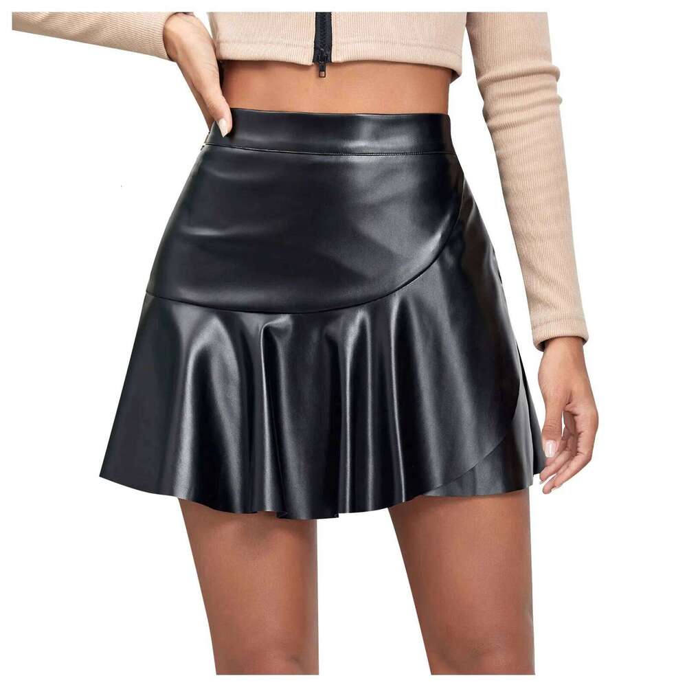 Women's Black Faux Leather Pleated Mini Stretchy High Waisted Tennis Cheer Skirt Flowy A Line Short Skirts Z260314