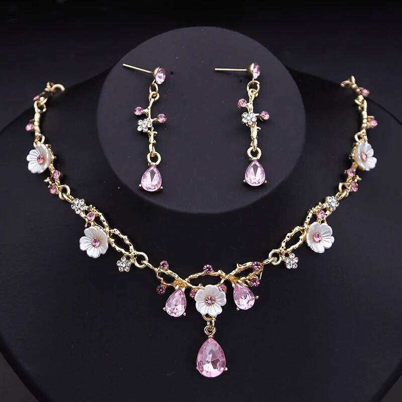 Pink Crown Bride Princess Wedding Tiaras Flower Choker Necklace Set Bridal Earring Costume Jewelry Sets Accessories Z260313