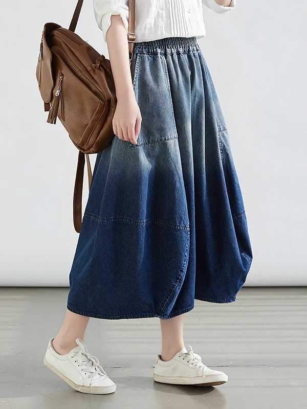 plus Size adient Color Denim Midi Skirt Womens Spring Faion Slimming Knee-Length A-Line Skirt Artistic Commute Sle M260314