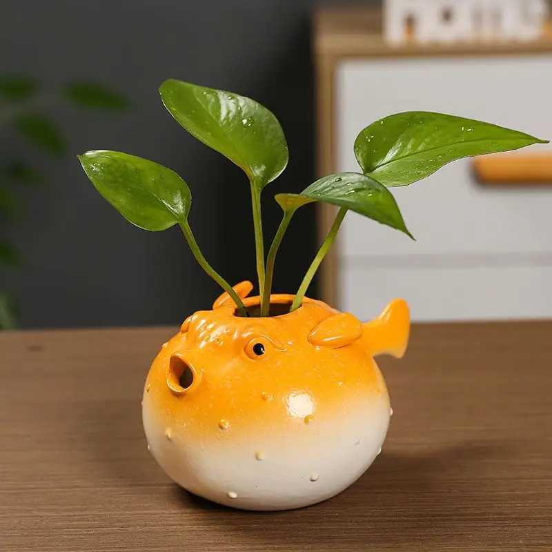 Fish Ceramic Succulent Planter Globefish Pottery Bonsai Pot Cactus Plant Flowerpot Air Plant Holder Display for Home Office Desk Y260314