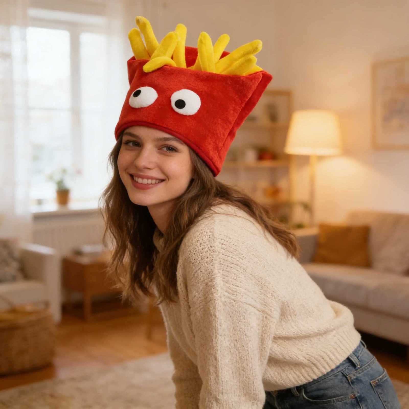 Funny French Fries Plush Hat with Googly Eyes Novelty Cosplay Party Costume Headwear Y260314