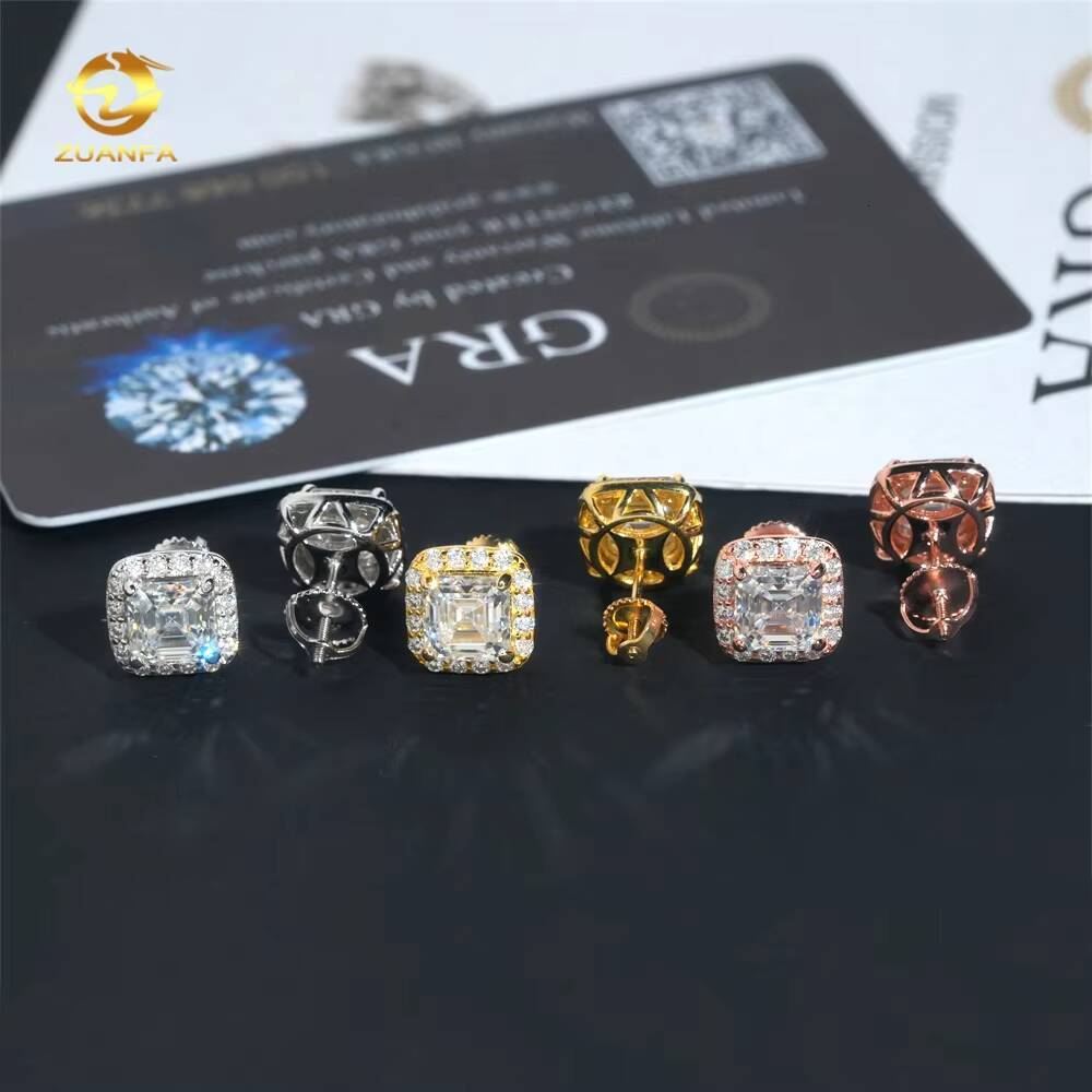 Ready to Ship Hip Hop Earring 925 Silver Asscher Cut 15ct Halo Men VVS Moissanite Earrings