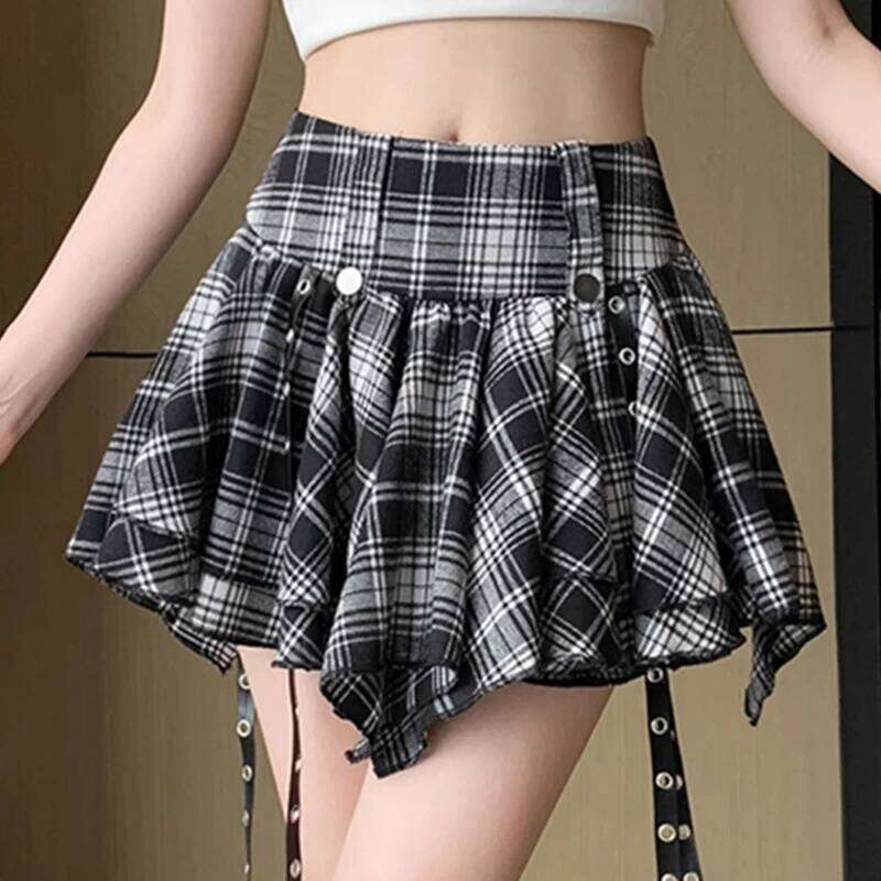 Gothic Mini with Hanging Grommet Strap Tiered Ruffles High Waist Tartan Skirt Women Teen-Girl Grunge Punk Rock Y2K Outfit Z260314