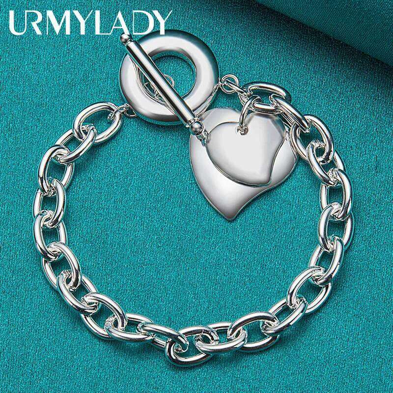 URMYLADY 925 Sterling Silver Double Heart Pendant Bracelet For Women Wedding Party Charm Jewelry Z260313