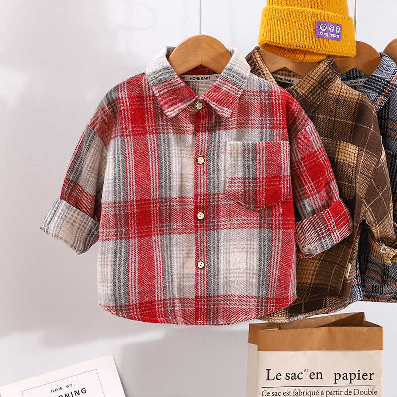 Cardigan Children's Spring and Autumn New Plaid Shirt for Young Boys and Girls Long Sleeve Top Jacket Brushed Wool Shirt