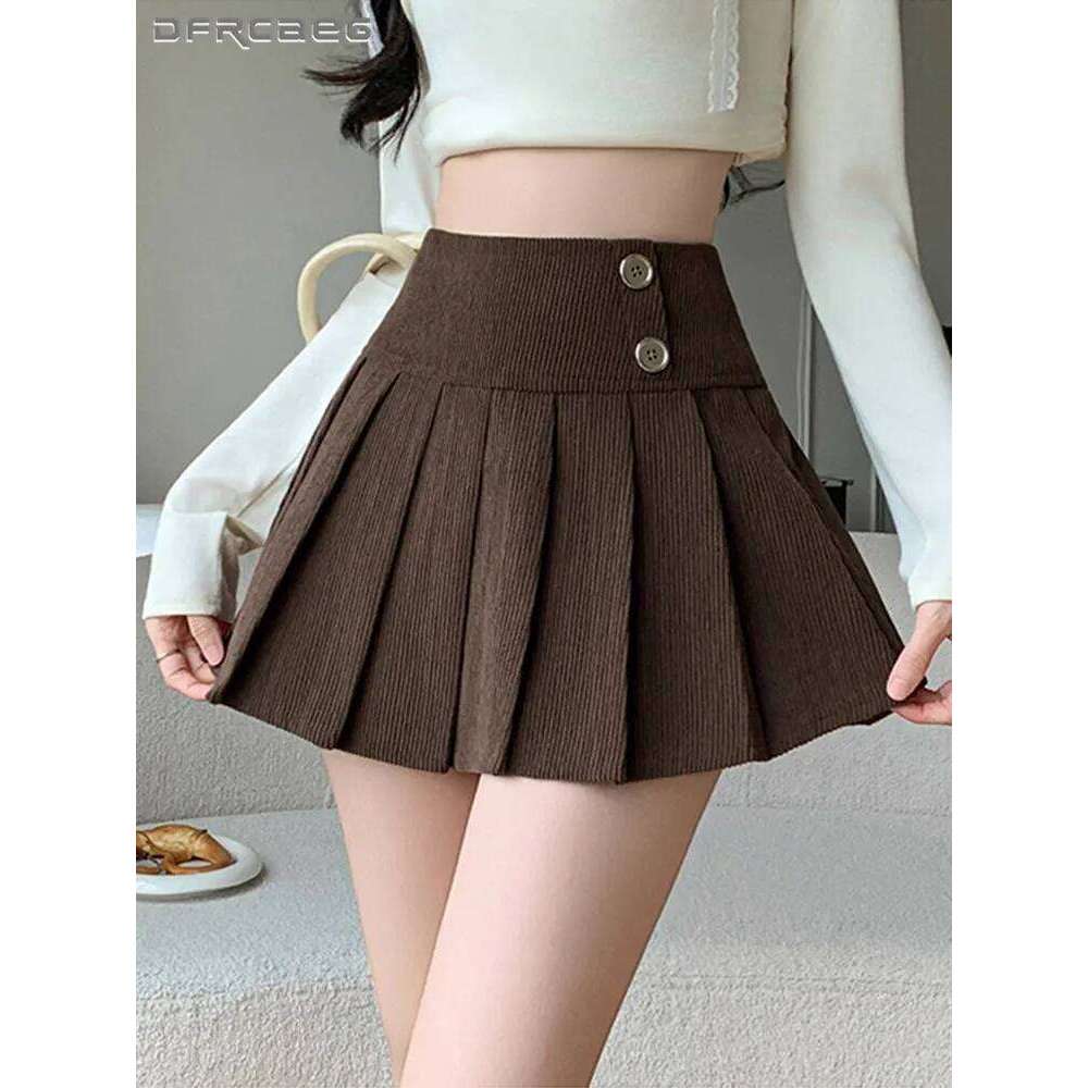 College Style Corduroy Hot Girl Pleated Skirt Woman Autumn Winter Casual Retro Short Skirts With Buttton Coffee Z260314