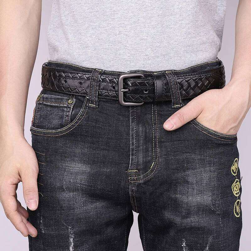 3.3cm Men Braided Young Style Top Layer of Cowhide Genuine Leather Needle Alloy Buckle Belt Woven Couple's Versatile Belts Z260226
