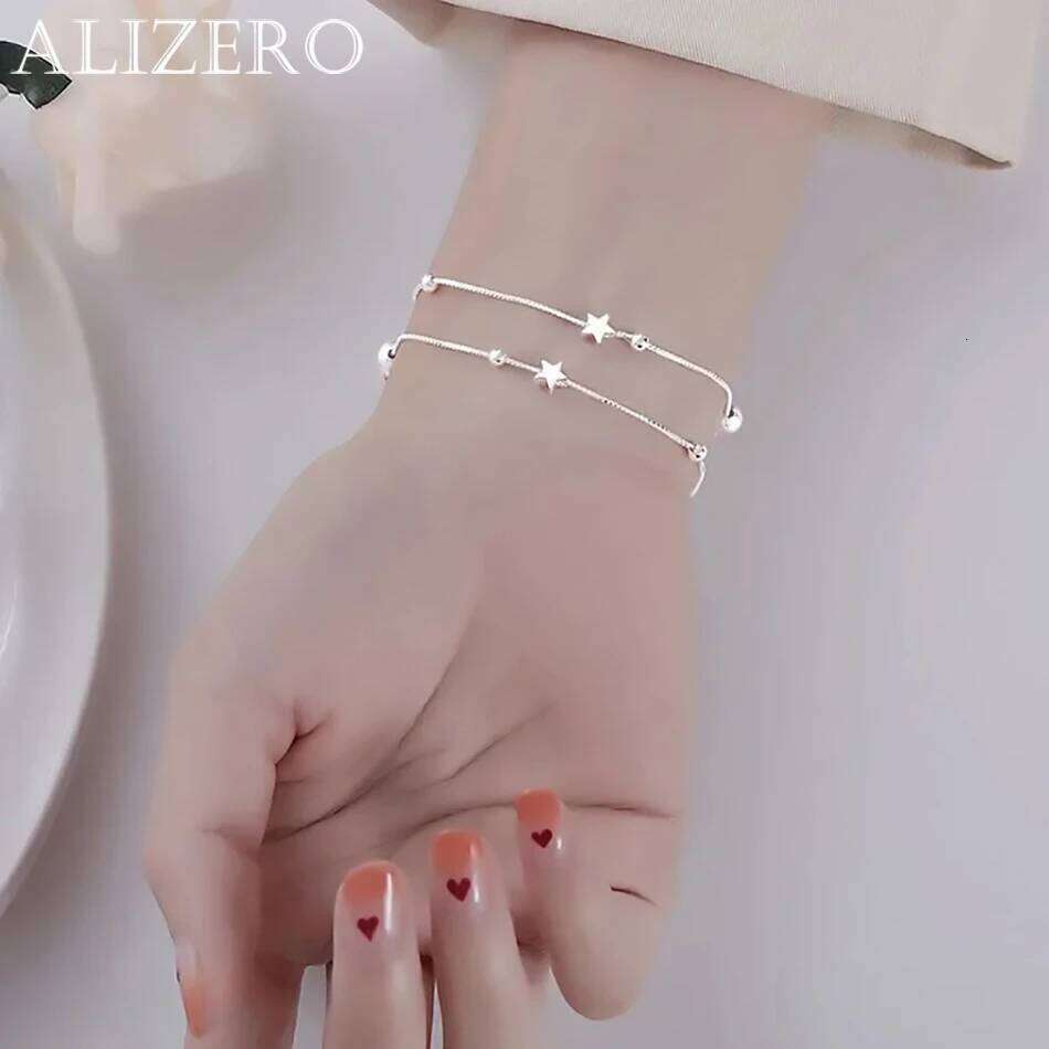 925 Sterling Silver Double-Layer Star Charm Bracelet Elegant Sexy Shiny Bead Embellishment for Valentine's Day & All Seasons Z260313