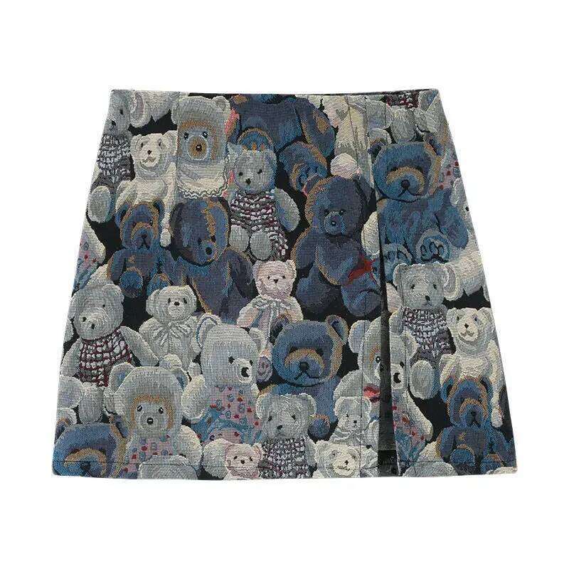 New Vintage Bear Print Skirt Women Fashion Japanese High Waist Slit Mini Skirts Female 2025 Summer Z260314
