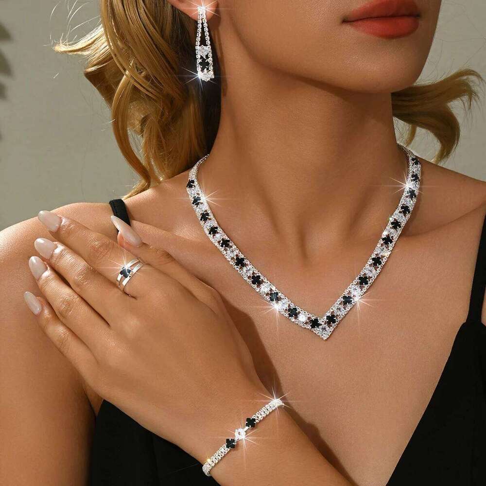 Elegant retro Korean style necklace, earring, bracelet, ring, four piece set, versatile and stylish accessory Z260313