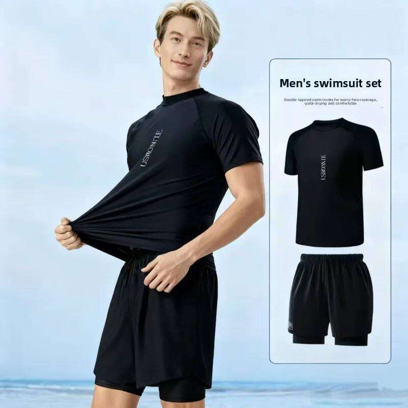 Men's Loose Fit Swim Set: Quick-Dry Trunks UPF 50+ Long Sleeve Rash Guard for Swim, Hot Springs & Sun Protection Z260314