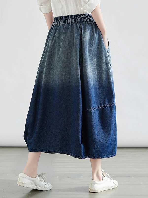 plus Size adient Color Denim Midi Skirt Womens Spring Faion Slimming Knee-Length A-Line Skirt Artistic Commute Sle M260314