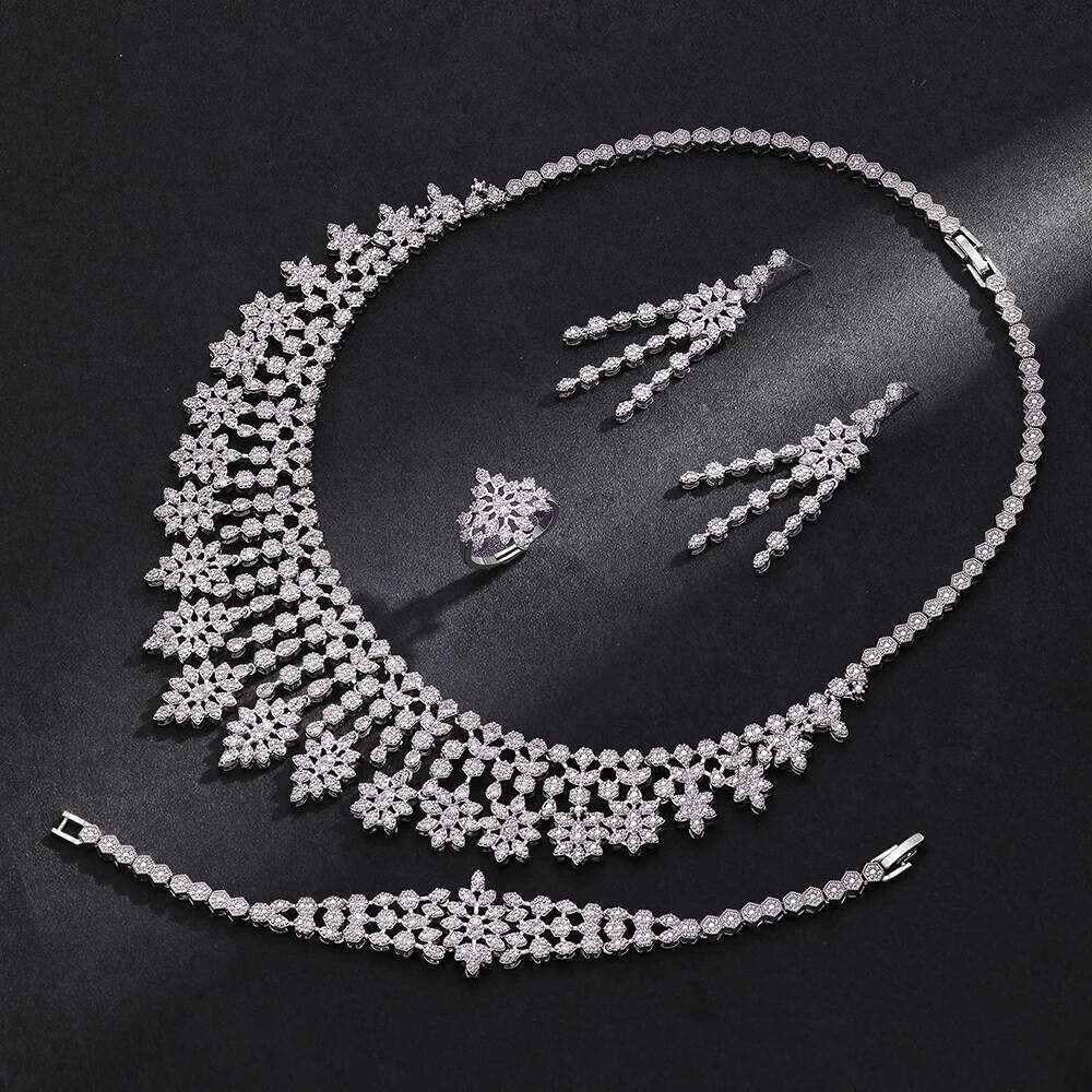 4pcs Dubai Cubic Zirconia Tassel Drop Big Chunky Wedding Bridal Necklace Luxury Jewelry Sets for Brides Party Z260313