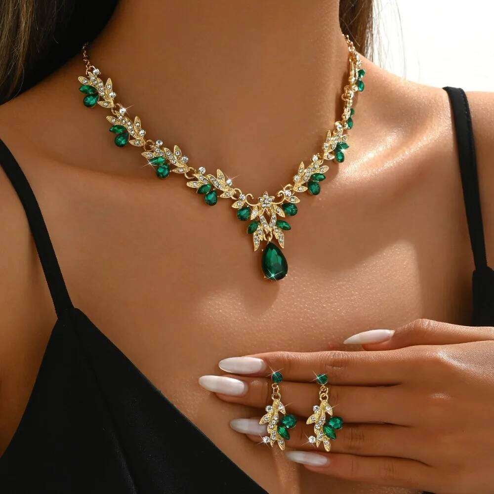 Fashion Luxury Full of Rhinestone Flower Green Teardrop-shaped Crystal Pendant Necklace for Women Bride Wedding Banquet Jewelry Z260313