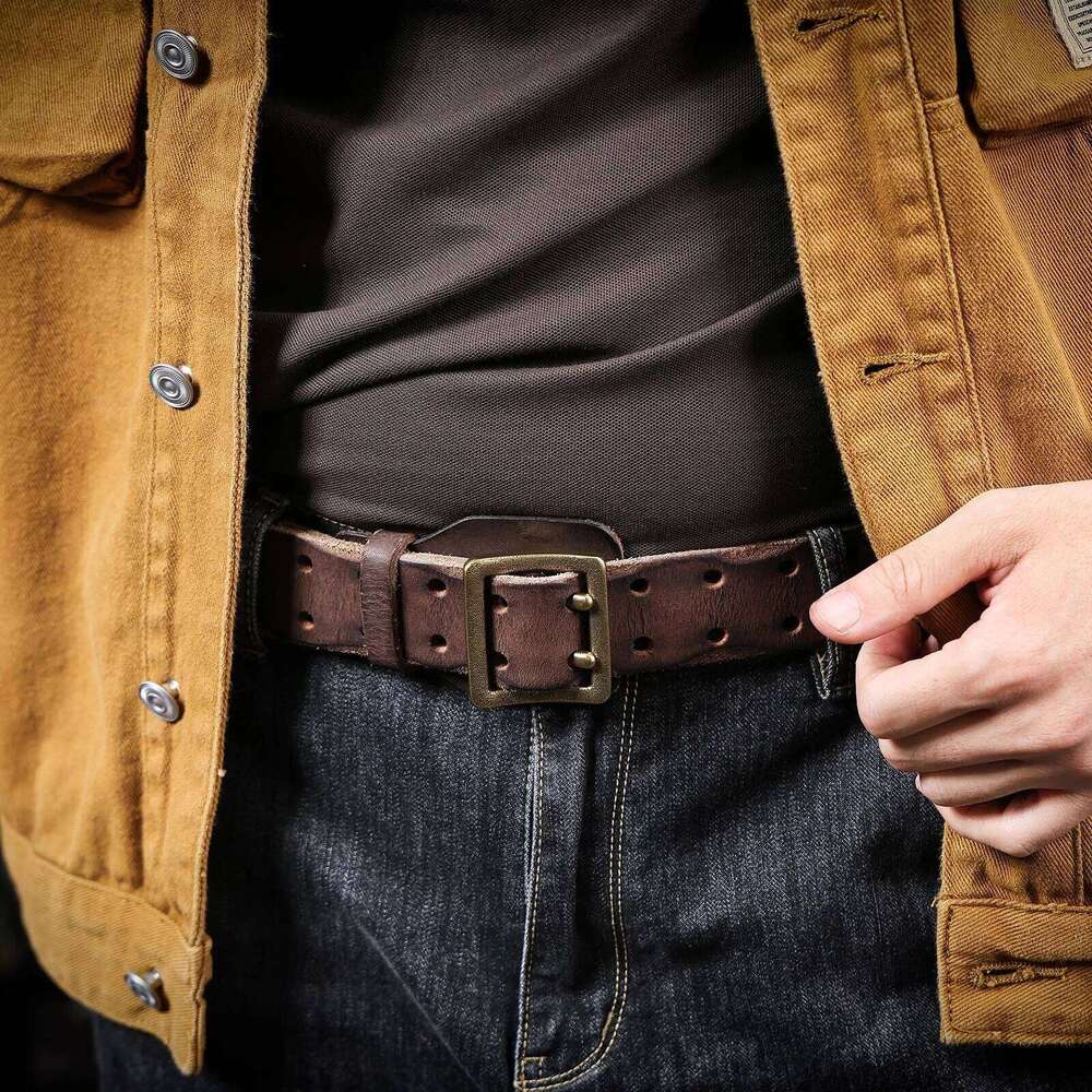 Vintage Genuine Leather Men's Copper Buckle, Handmade Casual Double Pin Buckle Belt With Gift Box, Thickened Top-layer Z260226