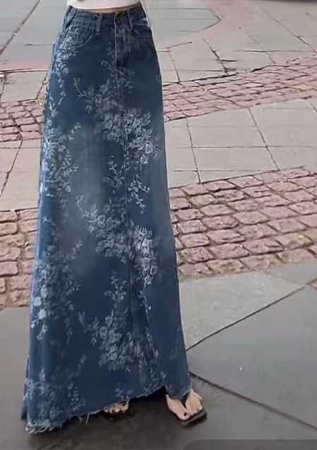 Floral Denim Midi Skirt for Women in Summer Thin and High Waisted A-line Long Skirt Loose and Slimming Big Swing Skirt M260314