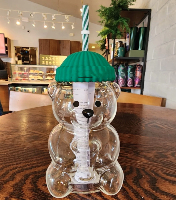 20oz Glass Bear Cup Bearista Green Bear Series Limited Edition With Green Hat Glass Jar Cold Cup Tumbler Straw Holiday Christmas Gift Mug Water Bottle