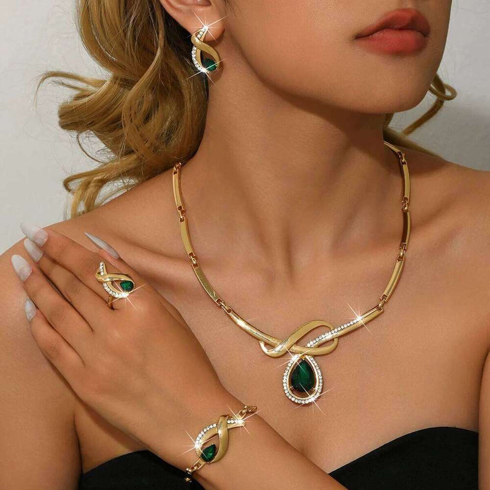 Cross border source fashion alloy super sparkling full diamond four piece jewelry set, wedding banquet dress, gift accessory Z260313