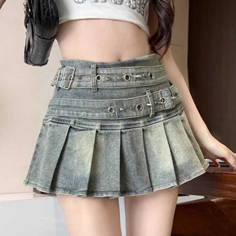 Vintage Denim Skirt Women Sexy Spicy Pleated Mini Skirt Punk BlaCK GoTHic Streetwear Short Jean Skirts AesTHetics M260314