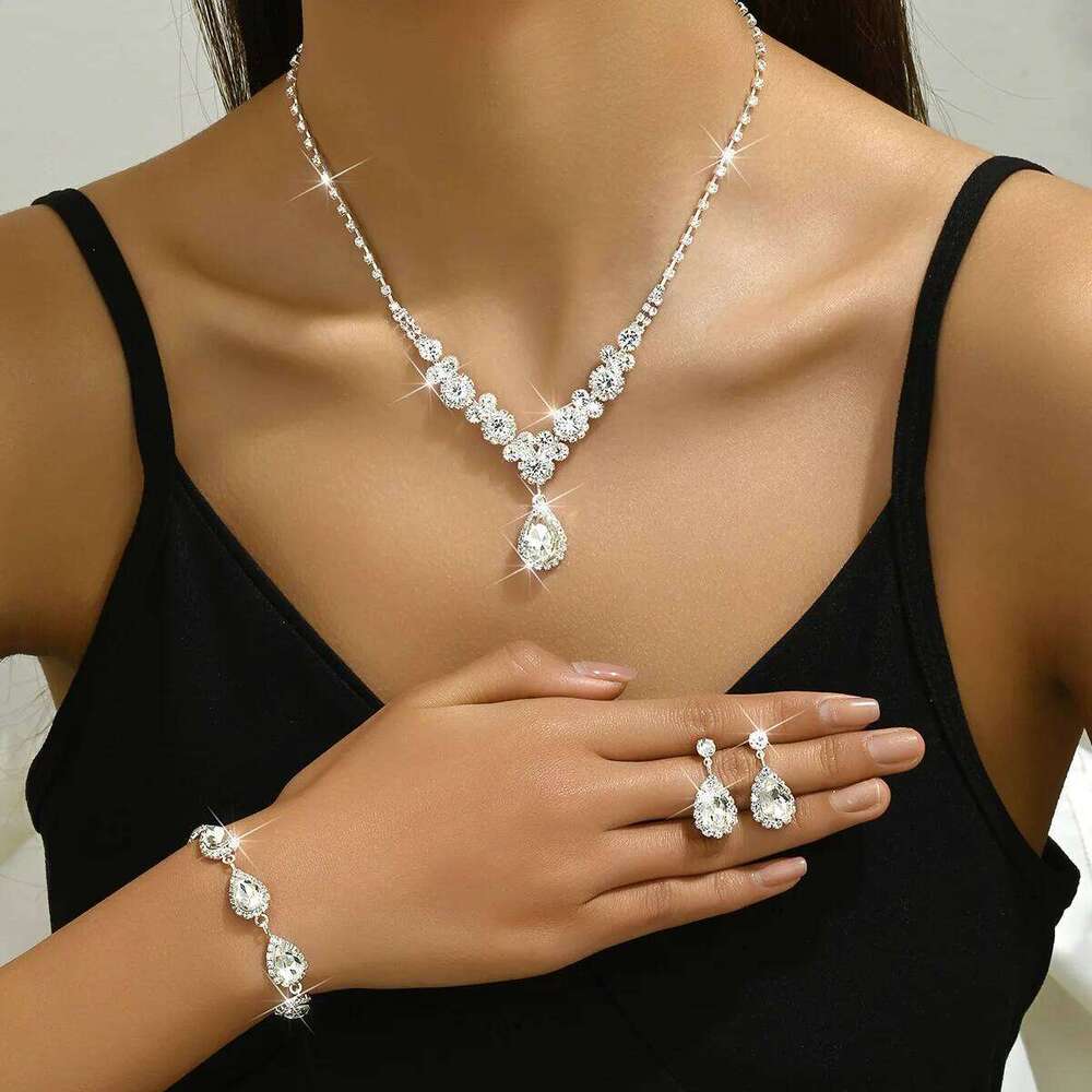 4PC Women's Fashion Copper Inlaid Claw Chain Water Drop Necklace Earrings Bracelet Set Suitable for Wedding, Party, Festival Gif Z260313