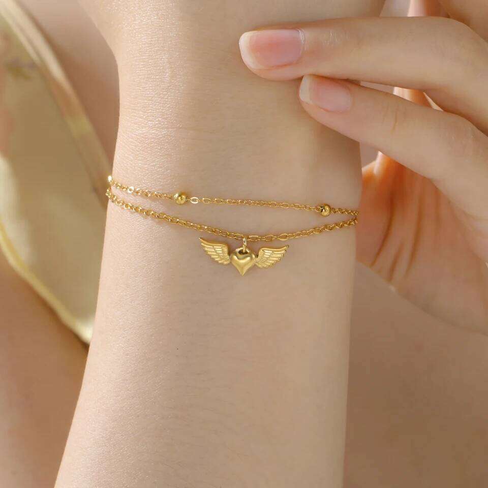 Teamer Heart Wing Charm Bracelet Stainless Steel Gold Color Adjustable Double Layer Beads Chain For Women Girls Trendy Jewelry Z260313