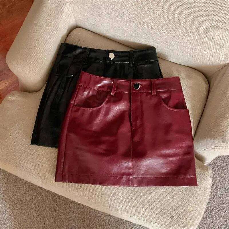 2025 New Sexy Red Pu Leather Women's High Waist A-shaped Skirt Z260314