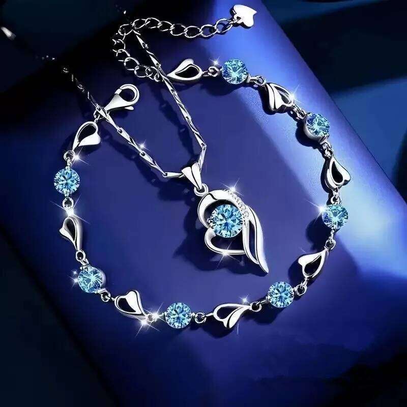 925 Sterling Silver Heart Shaped Necklace Bracelet for Women girls Retro Korean Blue Crystal Jewelry Set Original Party Gift Z260313