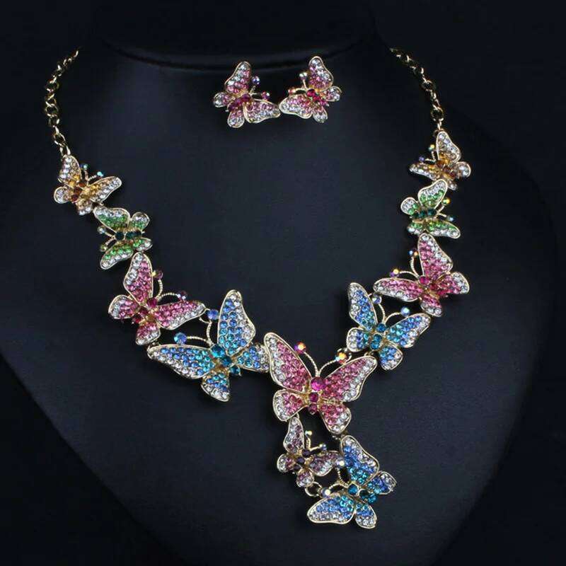 Zlxgirl Hot sale colorful Butterfly bridal jewelry sets perfect rhinestone crystal wedding necklace with earring bijoux Z260313