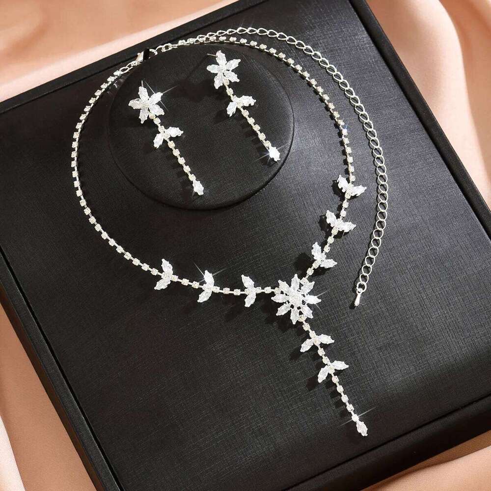 New Flower Leaf Rhinestone Jewelry Set for Women Copper Base Shiny Tassel Earrings + Y-Necklace Bridal Party Evening Prom A Z260313