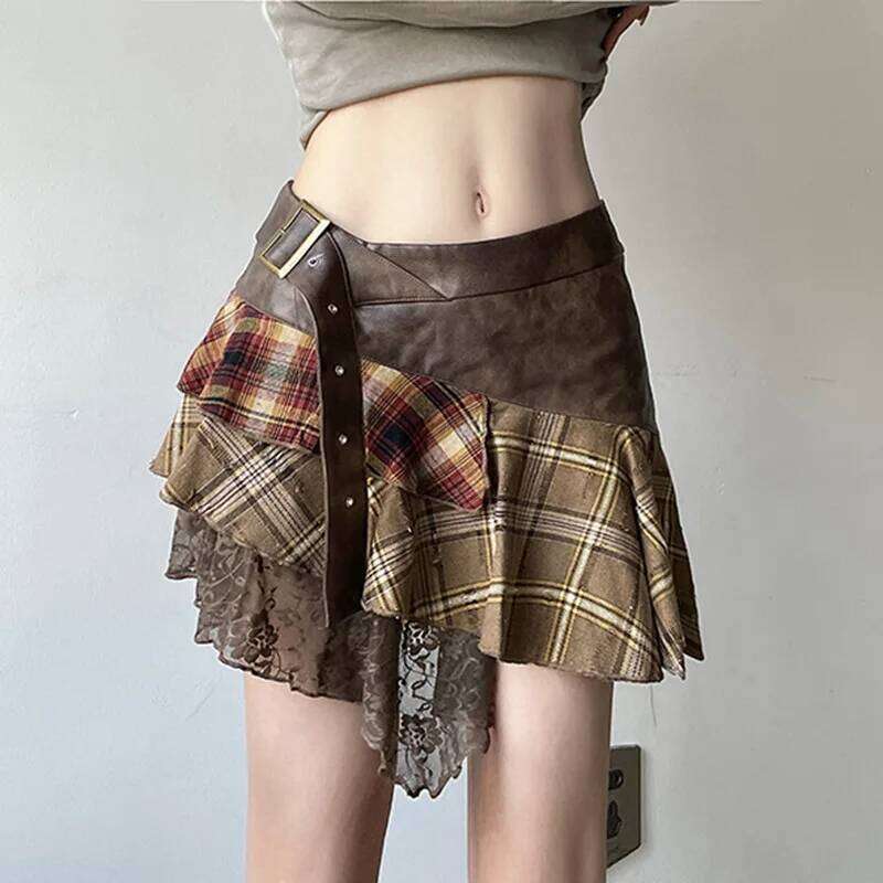 Irregular Design, Pattern Splicing, Lace Personality Skirt, Hot Girl Wears A Pleated Skirt Z260314