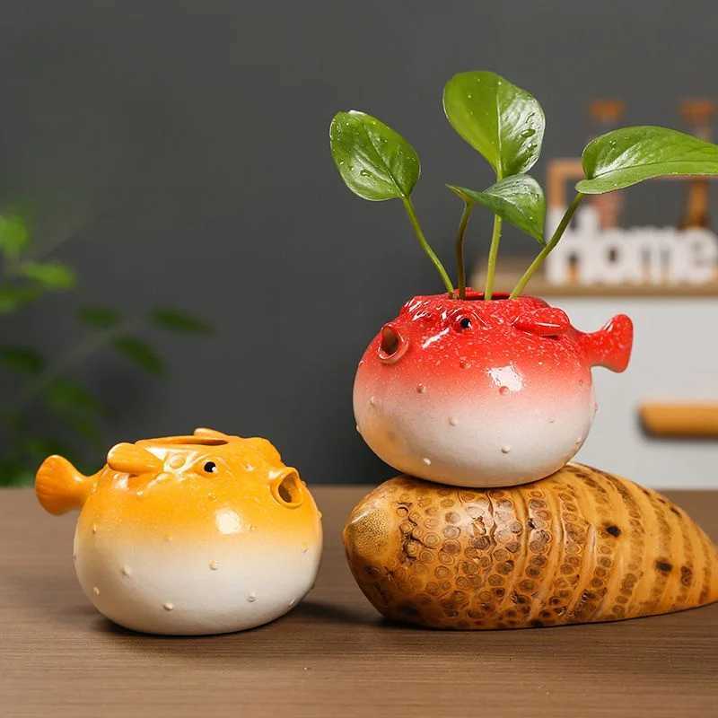 Fish Ceramic Succulent Planter Globefish Pottery Bonsai Pot Cactus Plant Flowerpot Air Plant Holder Display for Home Office Desk Y260314