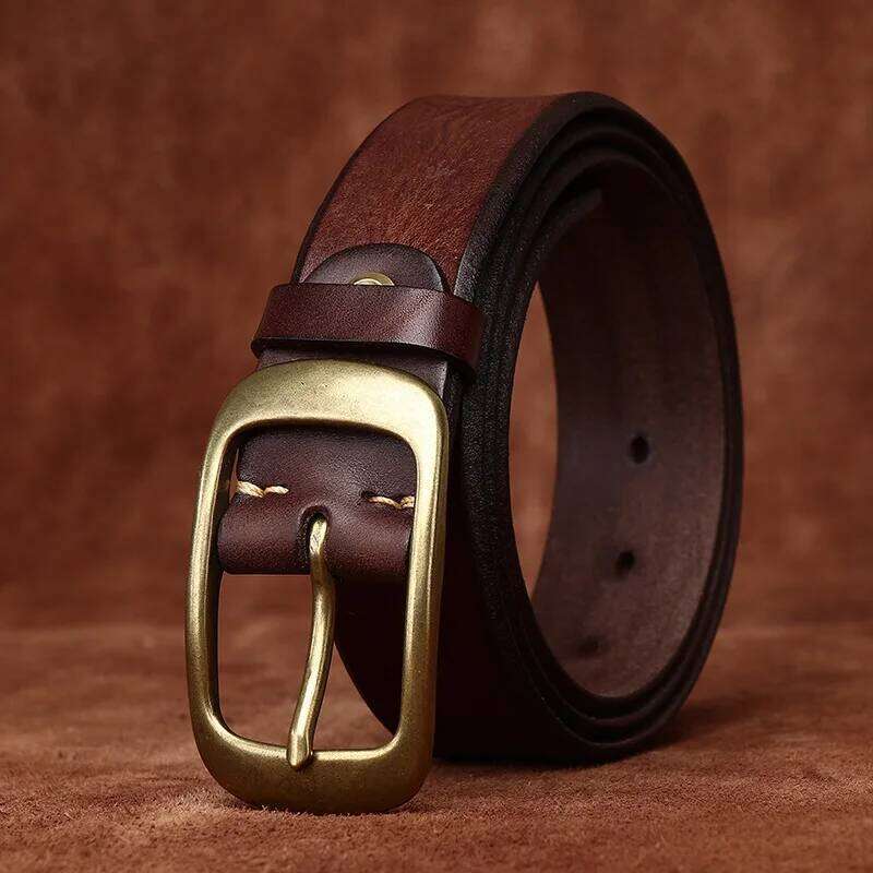 3.8 Width High Quality Pure Cowhide Thick Real Genuine Leather Men's Fashion Brass Buckle Luxury Brand Jeans Belts for Men Z260226