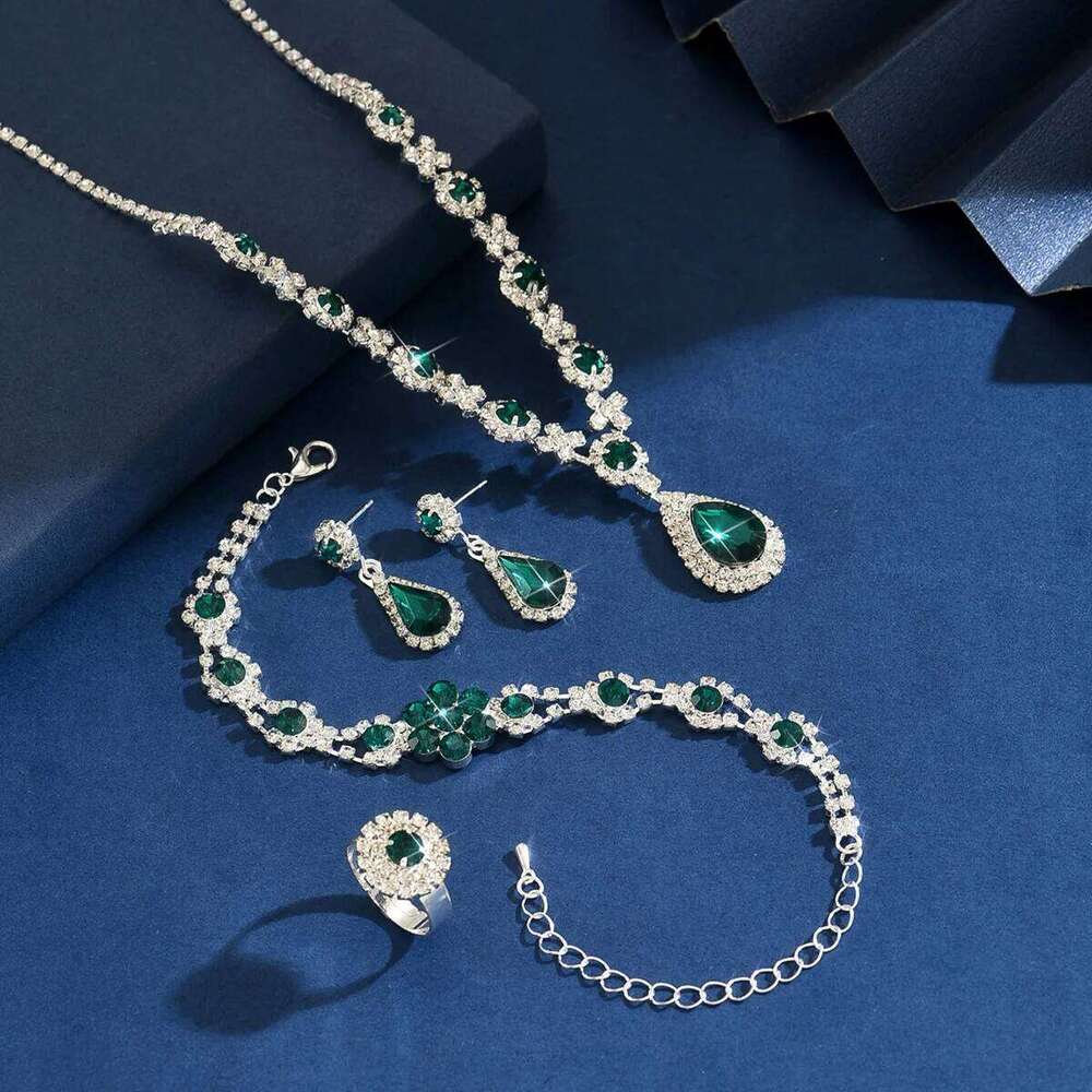 Hot Sale Blue & Green Crystal Jewelry Set - Bridal Wedding Party Necklace Bracelet Earrings Ring Gift for Women Z260313