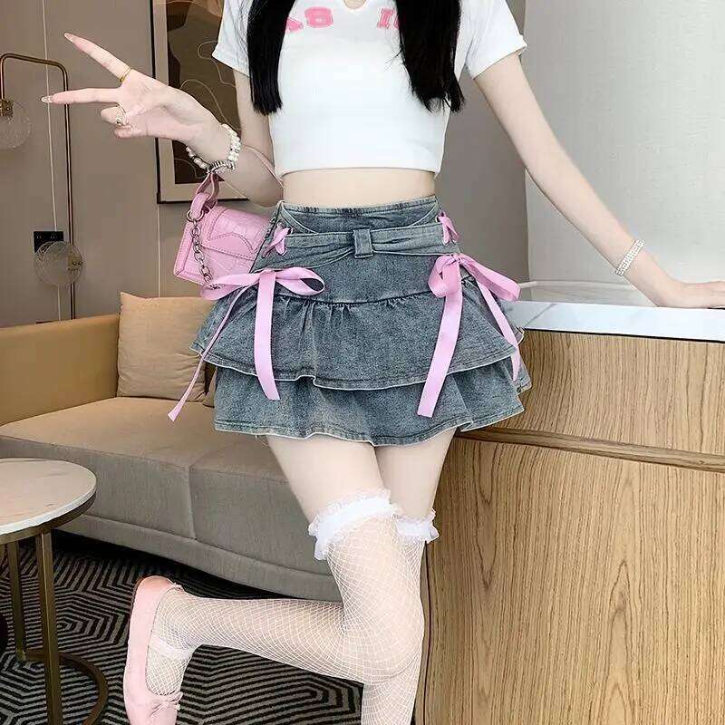 Summer New American Pure Lust Style Bow Tie A-line Cake Denim Puffy Short Skirt for Women Z260314