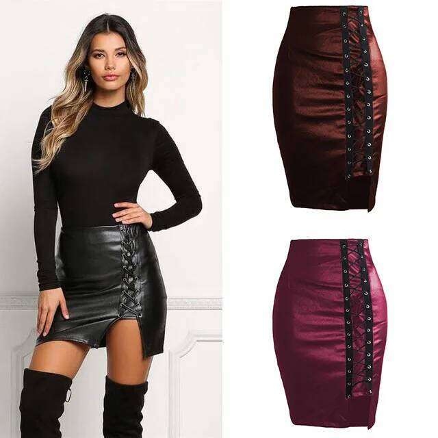 Spring Summer Women Side Split Pencil Black Lace Up PU Leather Skirts Vintage Bodycon High Waist Mini Skirt Z260314