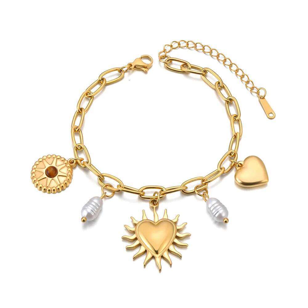 Lokaer Stainless Steel Sun Star Flower Pearl Charm Bracelet for Women Waterproof 18k Gold Plated Wrist Chain Party Gift B25105 Z260313