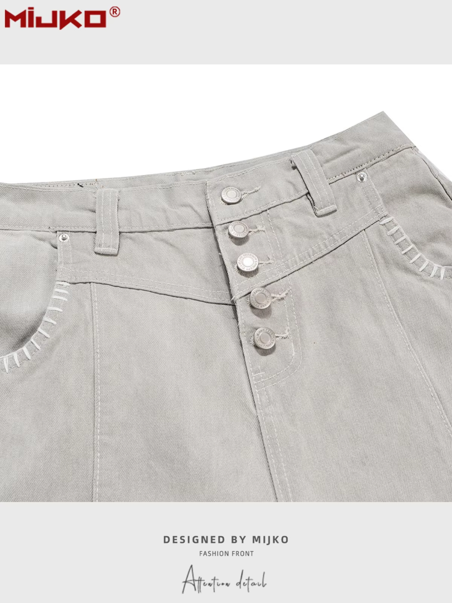 MIJKO Unisex Snap-Front Pant Washed Gray Casual Work Pants for Men And Women Comfortable Silhouette Design Z043#