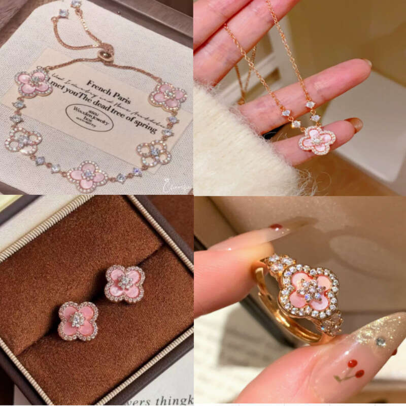 Elegant Pink Floral Design Charm Bangle Four-Leaf Clover Jewelry Set Accented Sparkling Crystal Stones for Women's Luxury Jewelry Free Express pa
