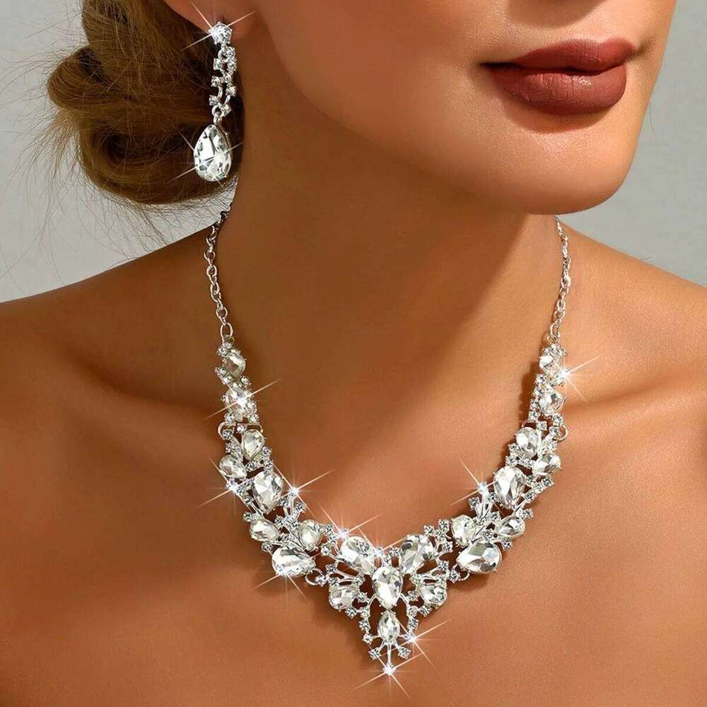 Lace V-Shaped Crystal Set Necklace+Earrings Silver-Plated for Women Party Wedding Accessories Z260313